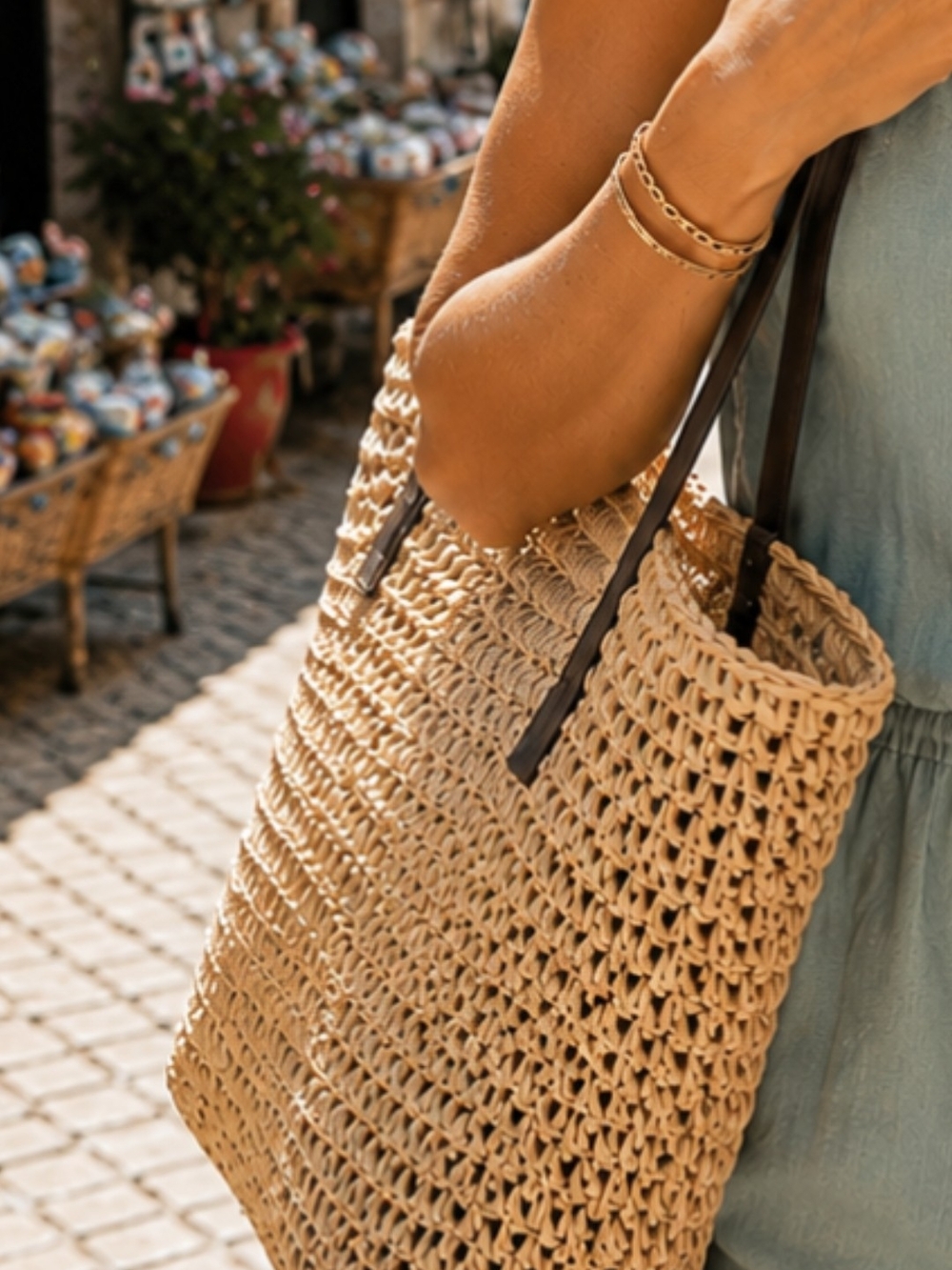 Woven Straw Tote Bag with Dark Handles - Natural